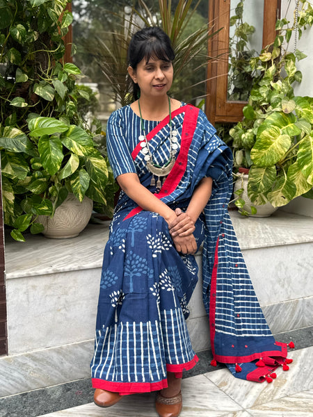 Block Printed Indigo - Embroidered Patchwork Cotton Saree -NO Fall Needed