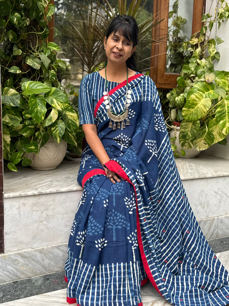 Block Printed Indigo - Embroidered Patchwork Cotton Saree -NO Fall Needed