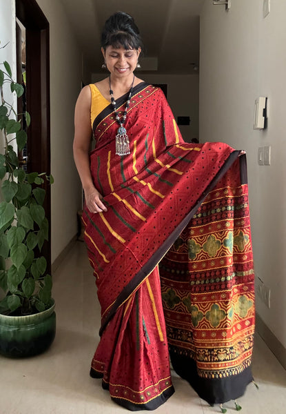 Ajrakh naturally dyed modal silk saree