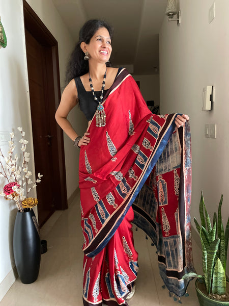 Exclusive ajrakh block printed modal silk saree