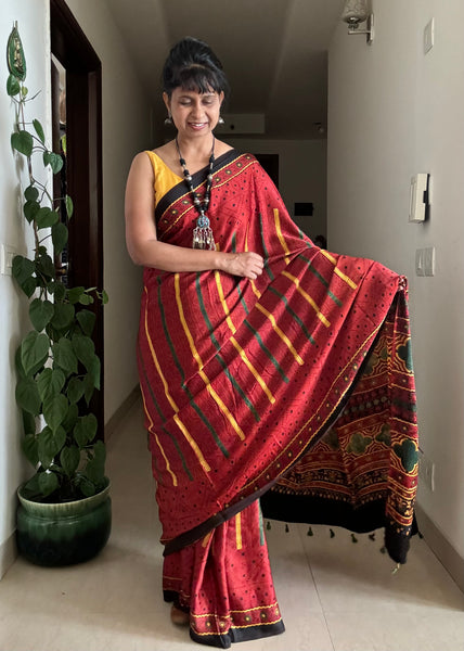 Ajrakh naturally dyed modal silk saree