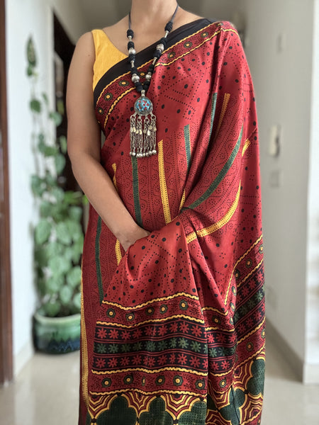Ajrakh naturally dyed modal silk saree