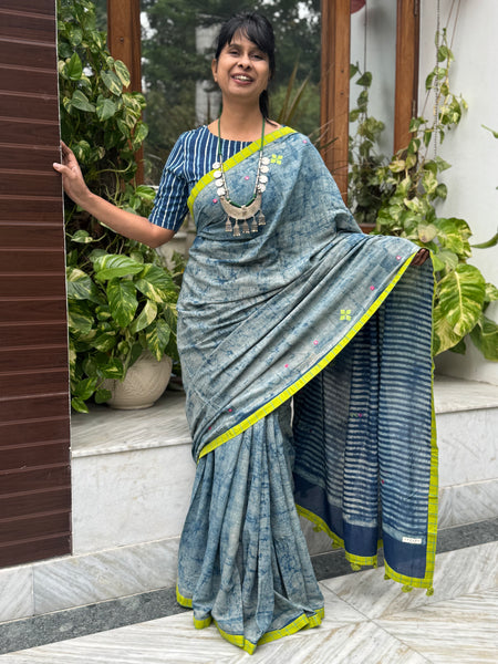 Block Printed Indigo - Embroidered Patchwork Cotton Saree
