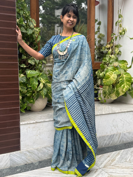 Block Printed Indigo - Embroidered Patchwork Cotton Saree