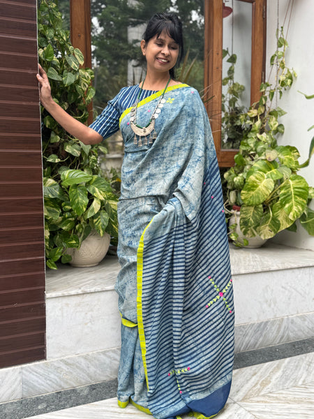 Block Printed Indigo - Embroidered Patchwork Cotton Saree