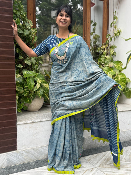 Block Printed Indigo - Embroidered Patchwork Cotton Saree