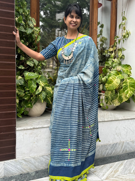 Block Printed Indigo - Embroidered Patchwork Cotton Saree