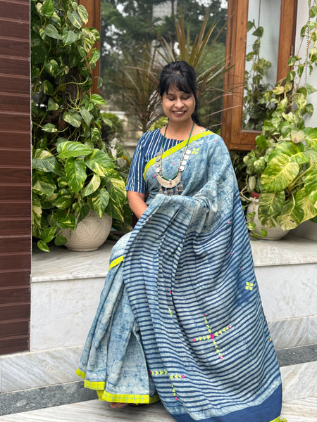 Block Printed Indigo - Embroidered Patchwork Cotton Saree