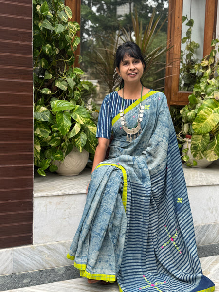 Block Printed Indigo - Embroidered Patchwork Cotton Saree