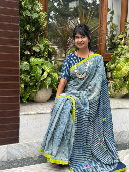 Block Printed Indigo - Embroidered Patchwork Cotton Saree
