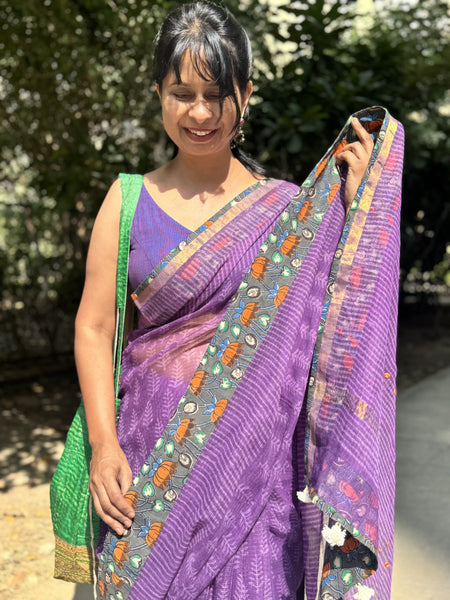 Embroidered pallu & patchwork border- kota doria saree