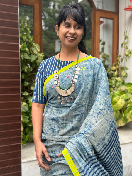 Block Printed Indigo - Embroidered Patchwork Cotton Saree