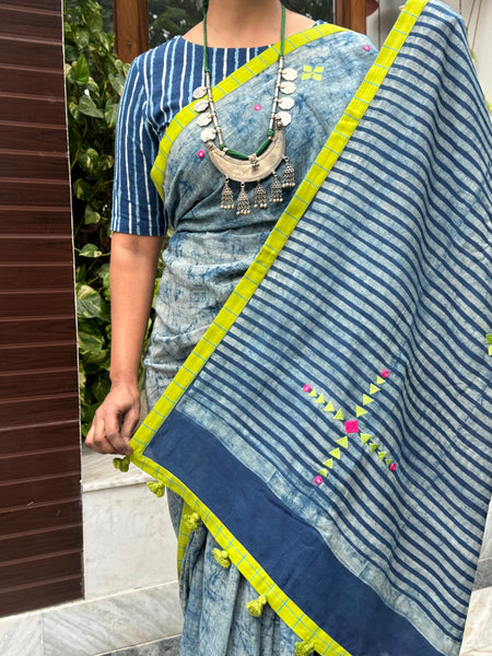 Block Printed Indigo - Embroidered Patchwork Cotton Saree