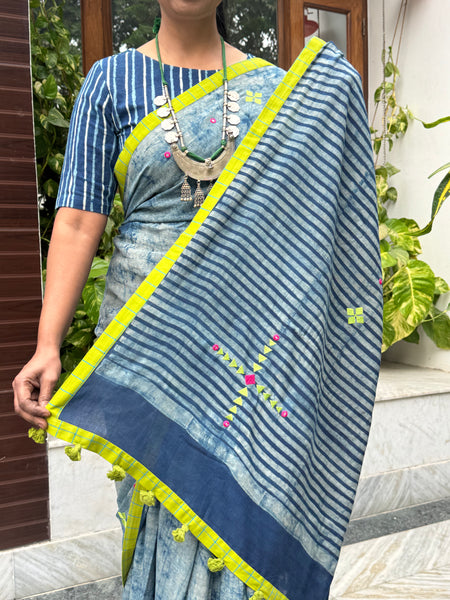 Block Printed Indigo - Embroidered Patchwork Cotton Saree