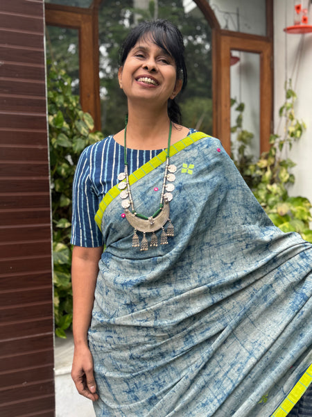 Block Printed Indigo - Embroidered Patchwork Cotton Saree