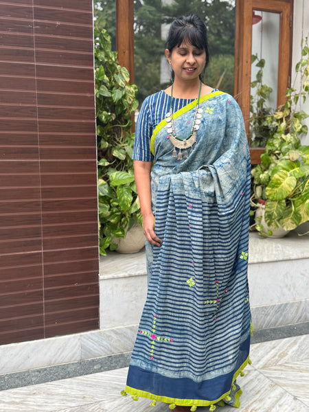 Block Printed Indigo - Embroidered Patchwork Cotton Saree