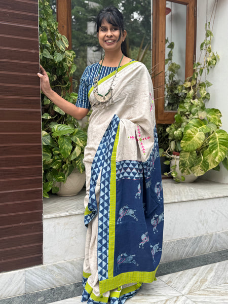 Block Printed Indigo - Embroidered Patchwork Cotton Saree