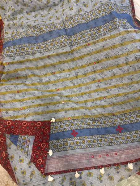 Embroidered pallu & inner side patchwork border- kota doria saree