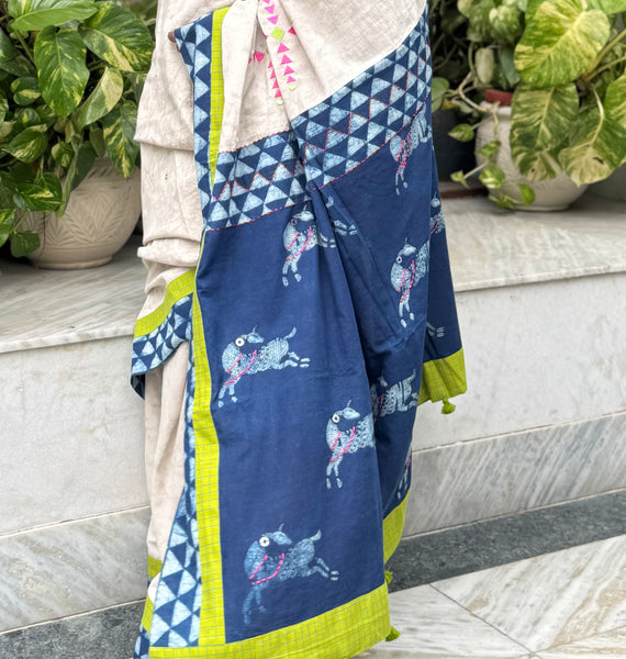 Block Printed Indigo - Embroidered Patchwork Cotton Saree