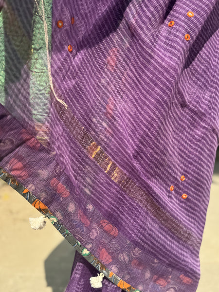 Embroidered pallu & patchwork border- kota doria saree