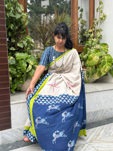 Block Printed Indigo - Embroidered Patchwork Cotton Saree