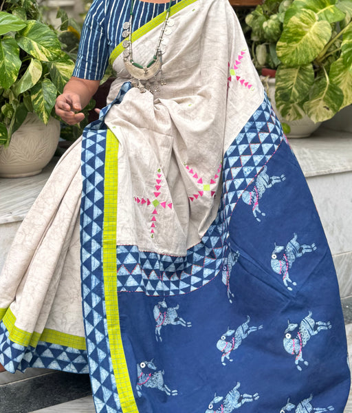 Block Printed Indigo - Embroidered Patchwork Cotton Saree