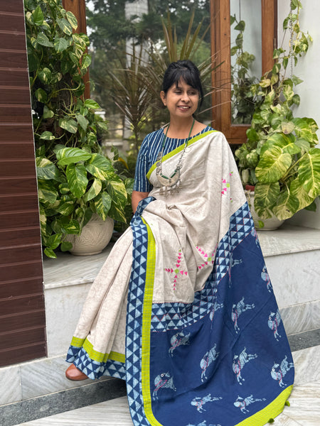 Block Printed Indigo - Embroidered Patchwork Cotton Saree