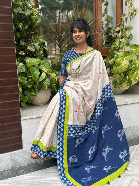 Block Printed Indigo - Embroidered Patchwork Cotton Saree