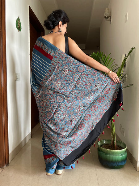 Exclusive ajrakh naturally dyed modal silk saree