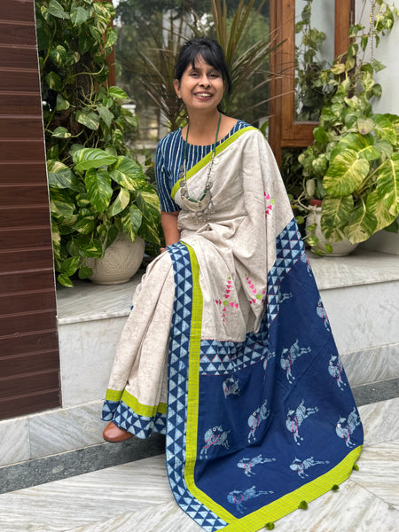 Block Printed Indigo - Embroidered Patchwork Cotton Saree