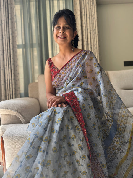 Embroidered pallu & inner side patchwork border- kota doria saree