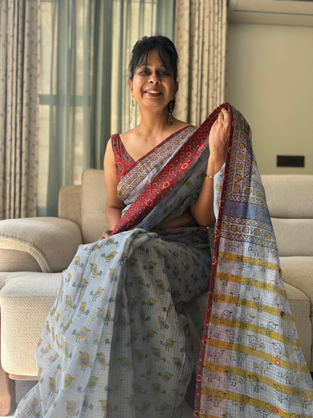 Embroidered pallu & inner side patchwork border- kota doria saree