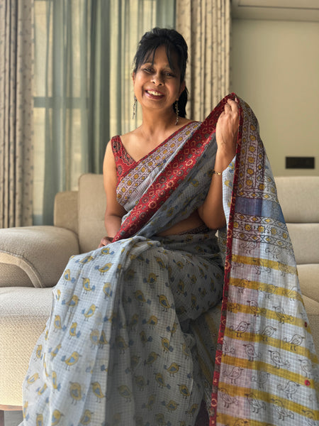 Embroidered pallu & inner side patchwork border- kota doria saree