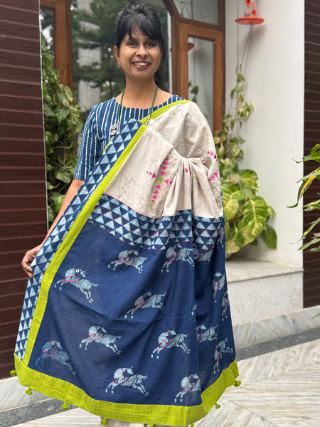 Block Printed Indigo - Embroidered Patchwork Cotton Saree