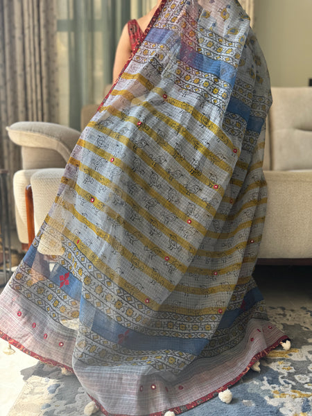 Embroidered pallu & inner side patchwork border- kota doria saree