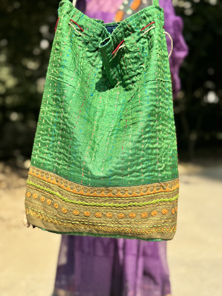 Ajrakh blockprinted Mashru Silk Embroidered Potli Style Bag