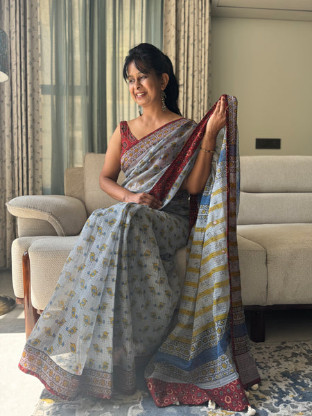 Embroidered pallu & inner side patchwork border- kota doria saree