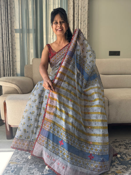 Embroidered pallu & inner side patchwork border- kota doria saree