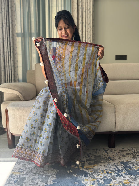 Embroidered pallu & inner side patchwork border- kota doria saree