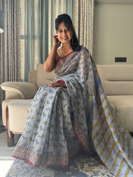 Embroidered pallu & inner side patchwork border- kota doria saree