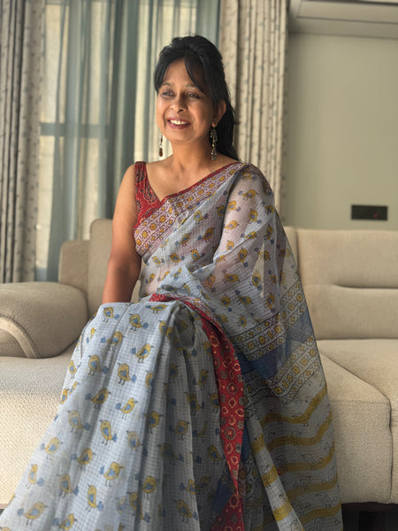 Embroidered pallu & inner side patchwork border- kota doria saree