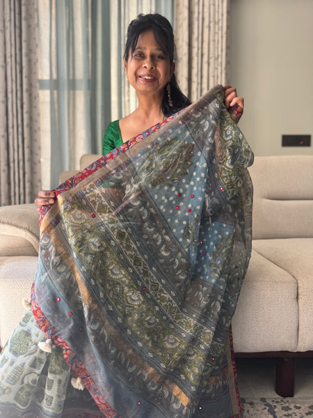 Embroidered pallu & inner side patchwork border- kota doria saree