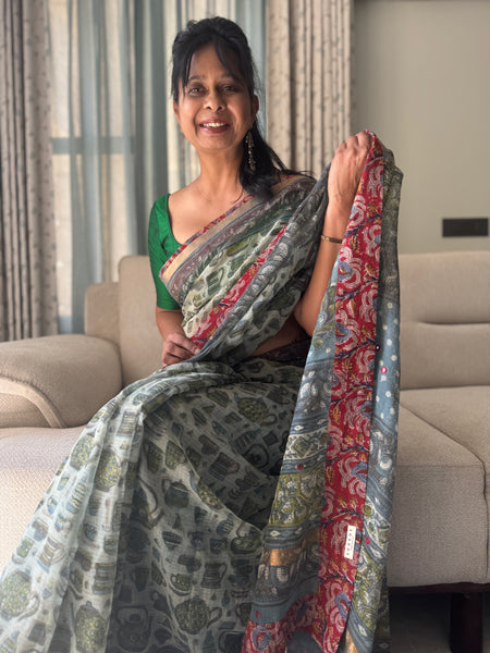 Embroidered pallu & inner side patchwork border- kota doria saree