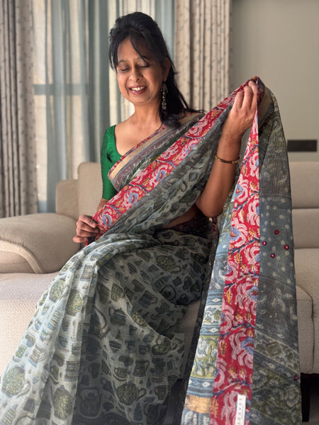 Embroidered pallu & inner side patchwork border- kota doria saree