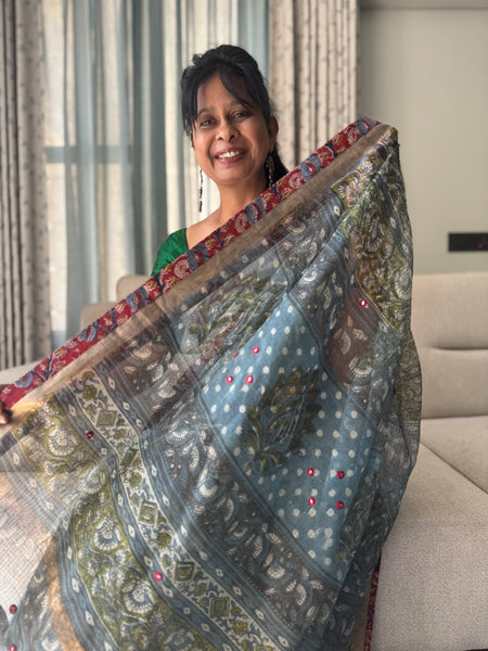 Embroidered pallu & inner side patchwork border- kota doria saree