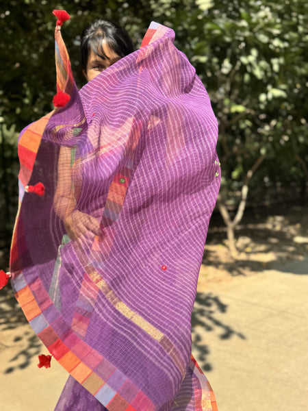 Embroidered pallu & patchwork border- kota doria saree