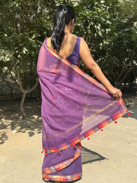 Embroidered pallu & patchwork border- kota doria saree