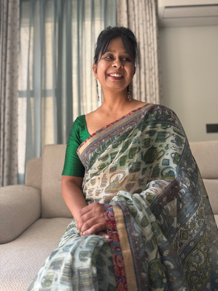 Embroidered pallu & inner side patchwork border- kota doria saree