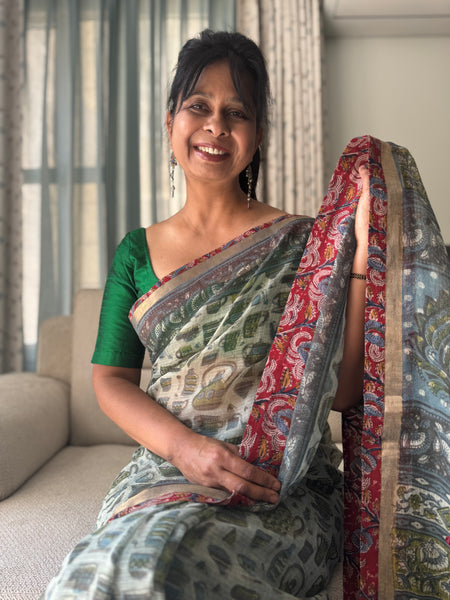 Embroidered pallu & inner side patchwork border- kota doria saree
