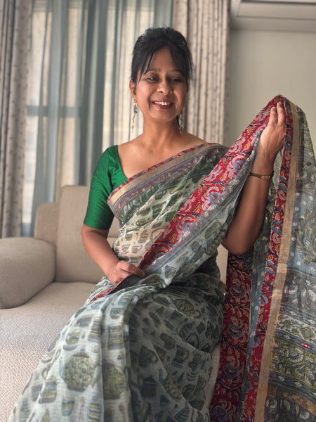 Embroidered pallu & inner side patchwork border- kota doria saree